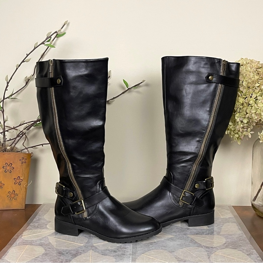 Charlotte Russe Corryn Edgy Wide-Calf Asymmetrical Gold Zipper Buckled Moto Boot